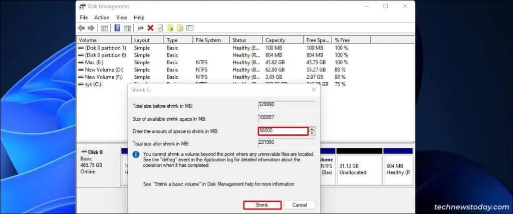 How To Open Disk Management in Windows 11? 9 Enter-Amount-to-shrink-1024x427