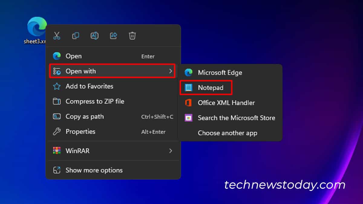Open xml file with notepad