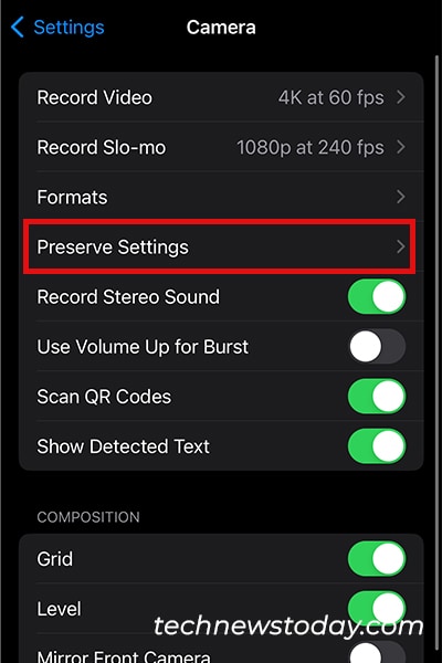 Preserve Settings Camera
