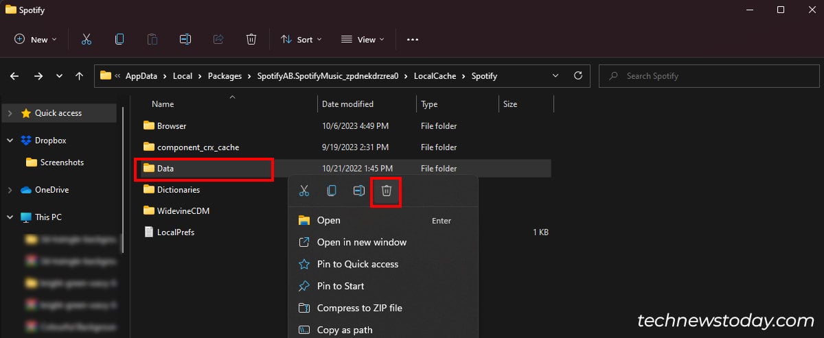 Right-click on Data folder and hit Delete