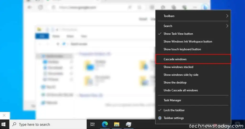 Right-click-on-taskbar-and-select-Cascade-windows-1024x538