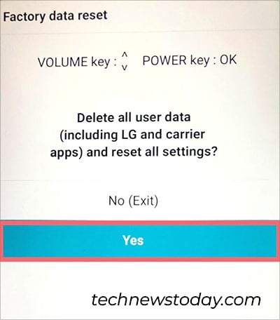 Select Yes to reset LG phone