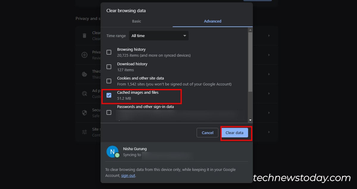 Tick the option for Cached images and files and hit Clear data