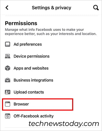 Under Permissions, tap on Browser
