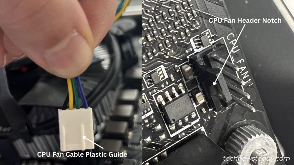 Guía de plástico y muesca del cabezal del ventilador de la CPU
