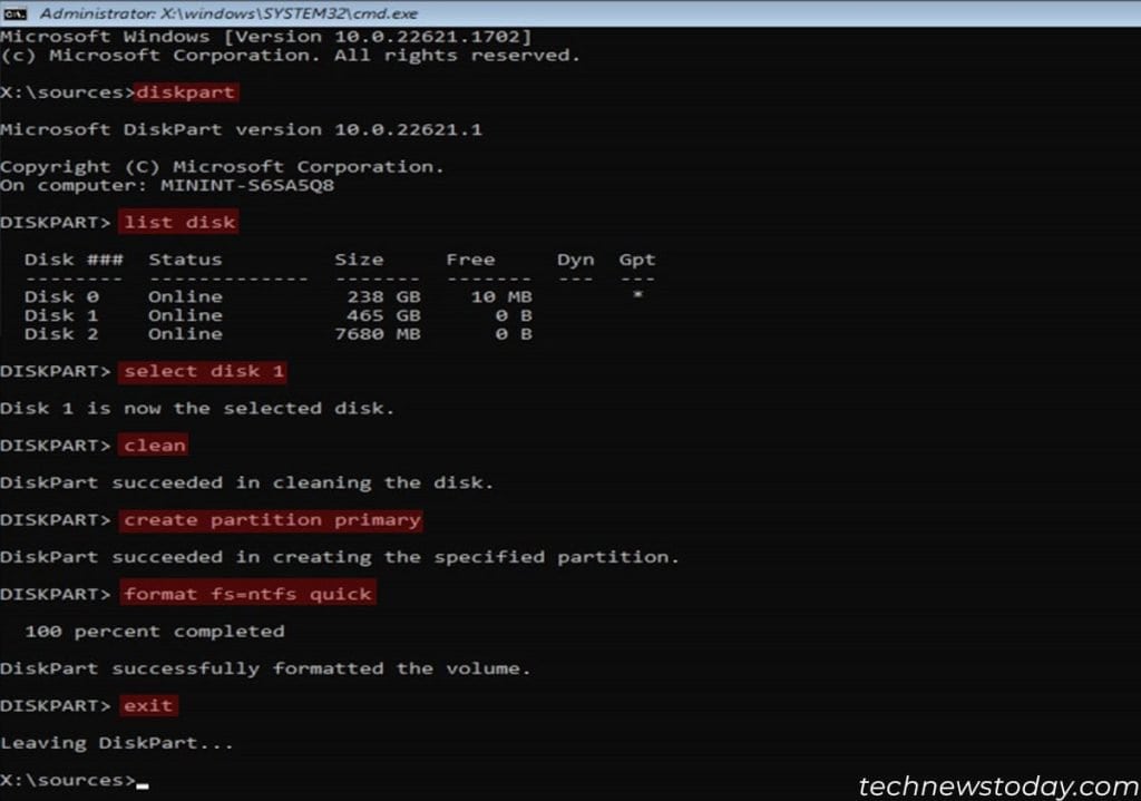 How to Format Hard Drive from BIOS 6 diskpart-list-disk-select-disk-clean-create-partiton-primary-format-fs-ntfs-quick-exit