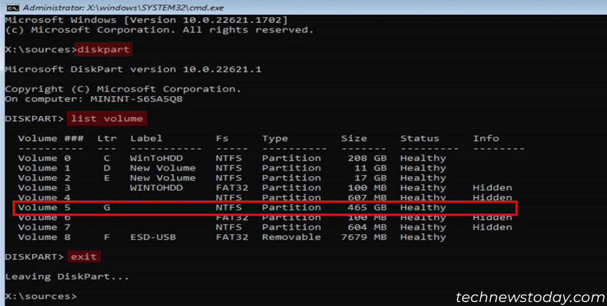 diskpart-list-volume-check-drive-letter-exit