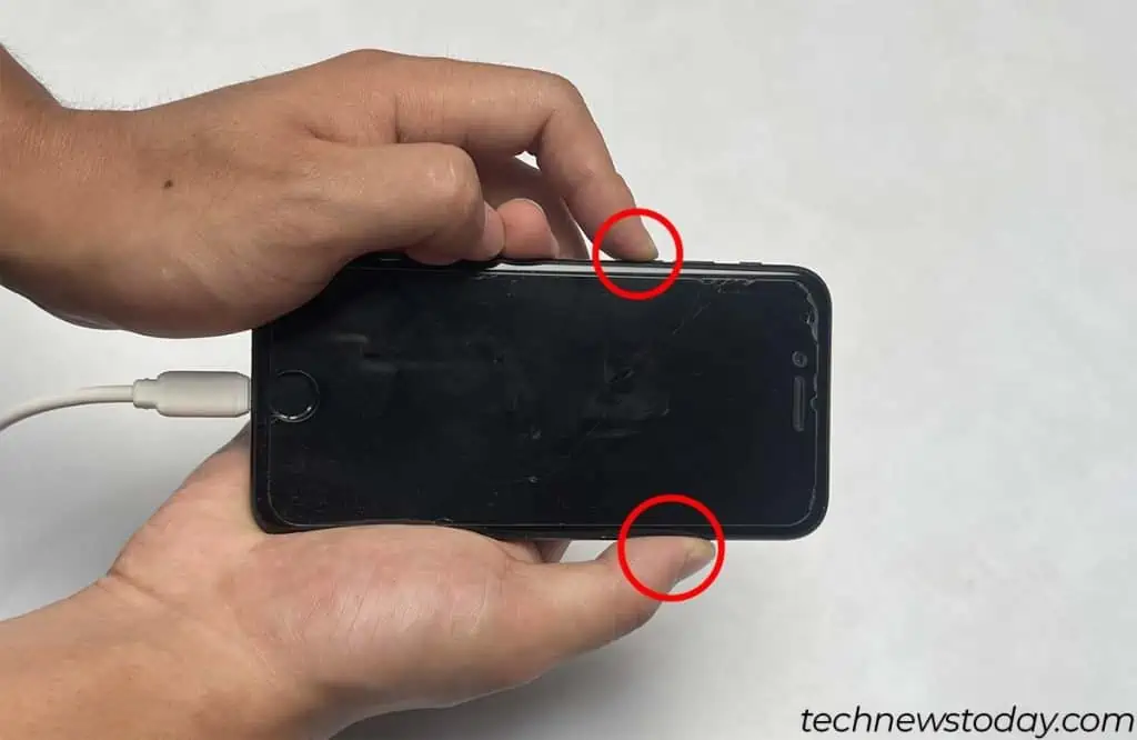 Fixed: iPhone Attempting Data Recovery 4 press-and-hold-volume-down-and-power-button-1024x666