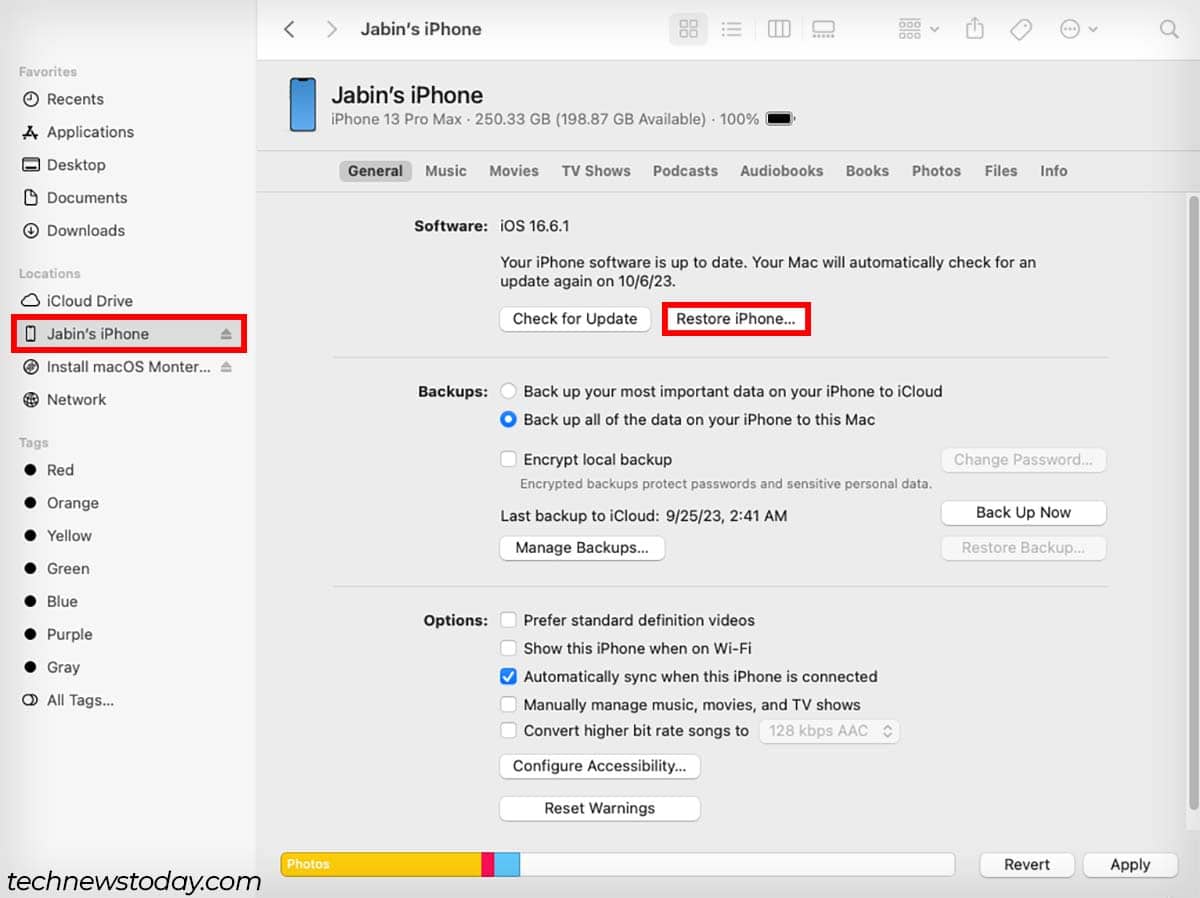 restore iphone using finder