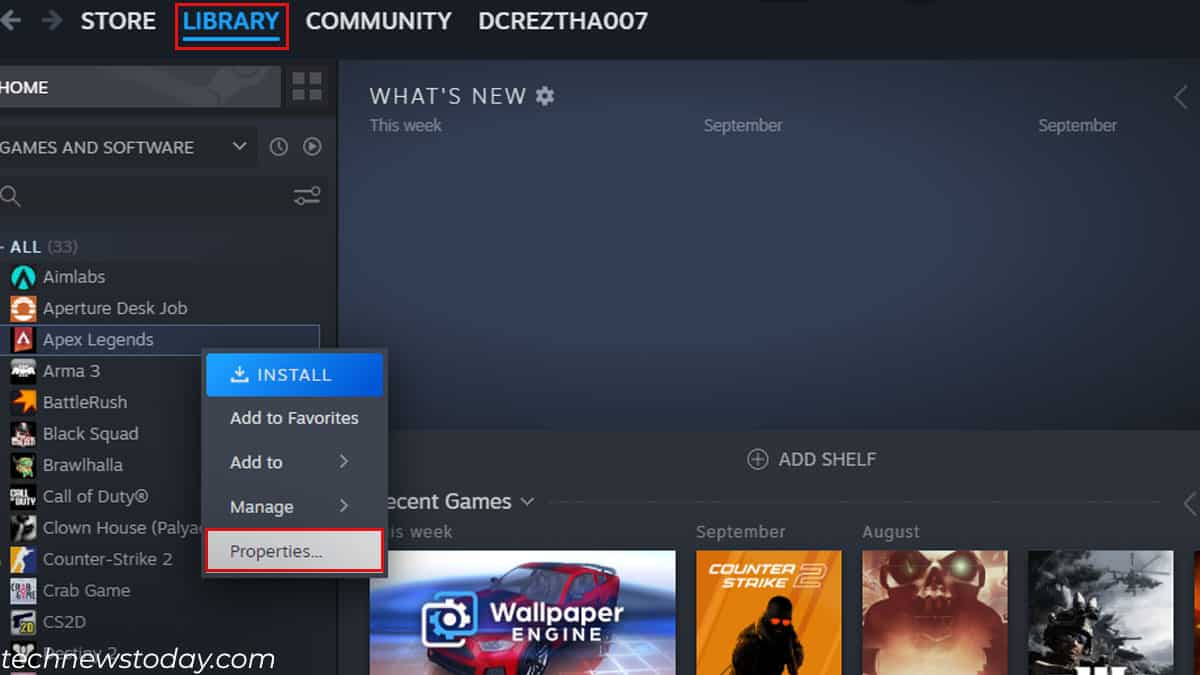 steam game library game properties