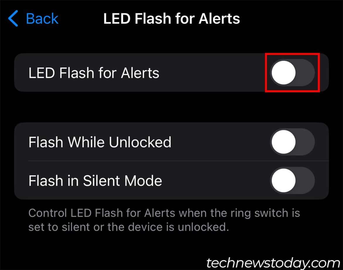 toggle off led flash for alerts