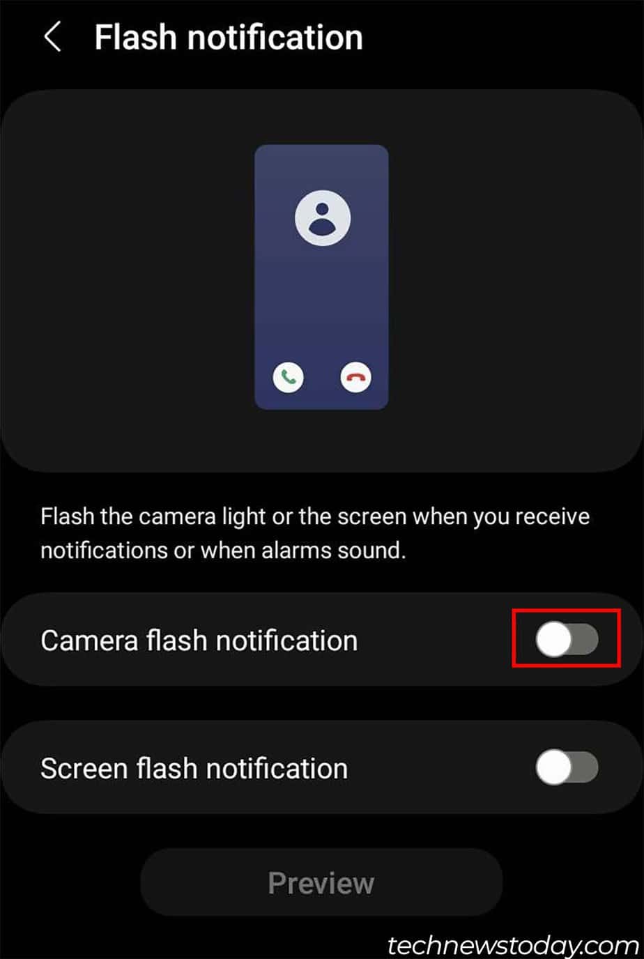 turn off camera flash notification