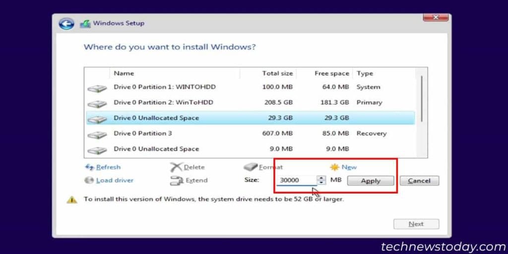 How to Format Hard Drive from BIOS 10 windows-setup-unallocated-space-new-apply