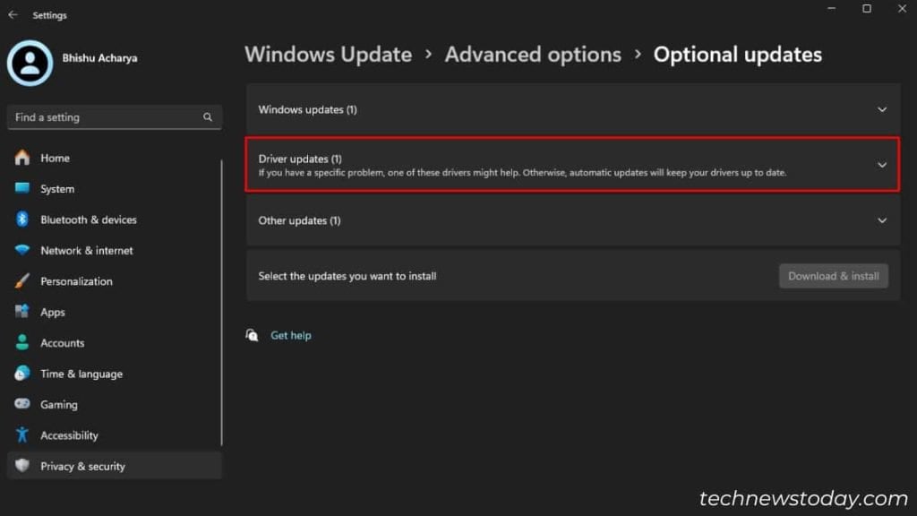 check for graphics drivers under driver updates in windows update