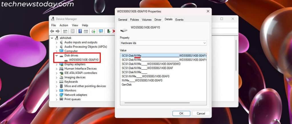 ¿Cómo comprobar qué SSD tengo? 7 maneras fáciles 4 administrador-de-dispositivos-de-unidad-de-disco-propiedades-hardware-ids-nvme