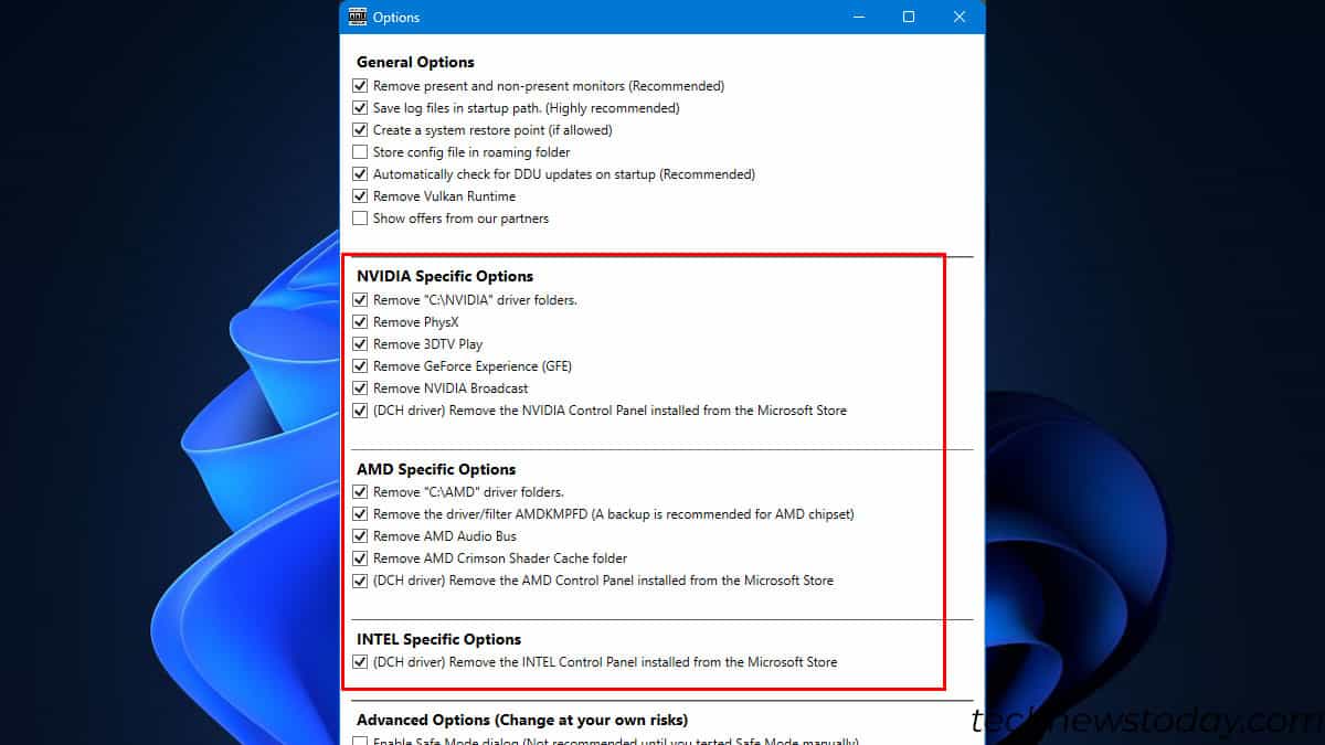 display driver uninstaller settings option