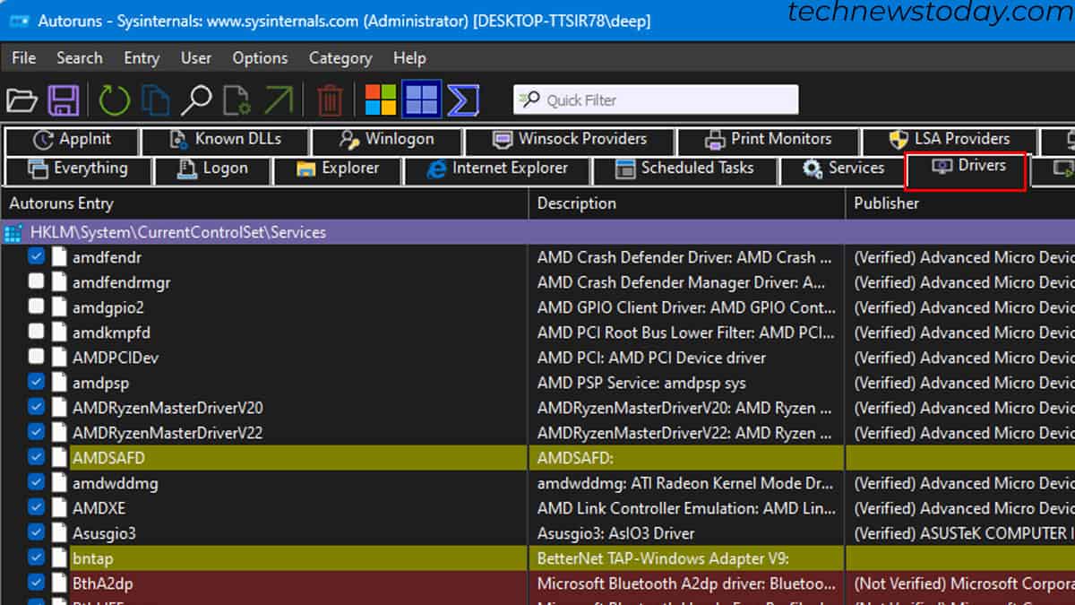 uncheck drivers in autoruns