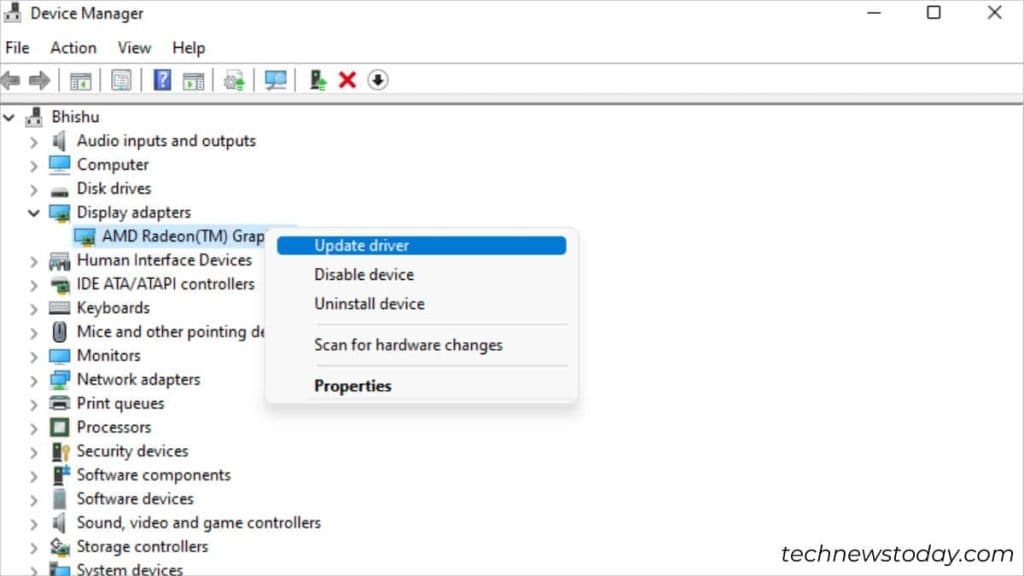 update graphics driver from device manager