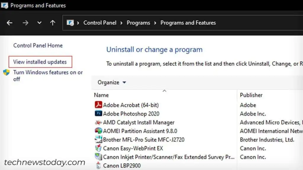 How To Fix “Windows Cannot Connect To The Printer” Error 9 view-installed-updates-in-control-panel-1-1024x576
