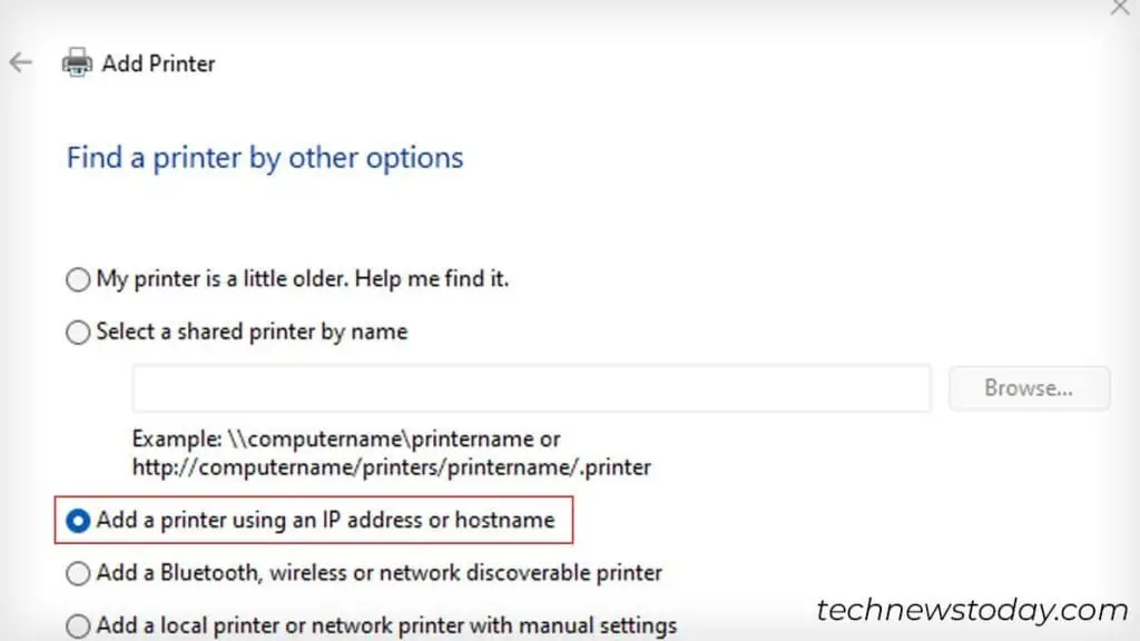 5 Ways to Fix Computer Cannot Find Wireless Printer 12 add-printer-using-ip-address-from-windows-settings-1024x576