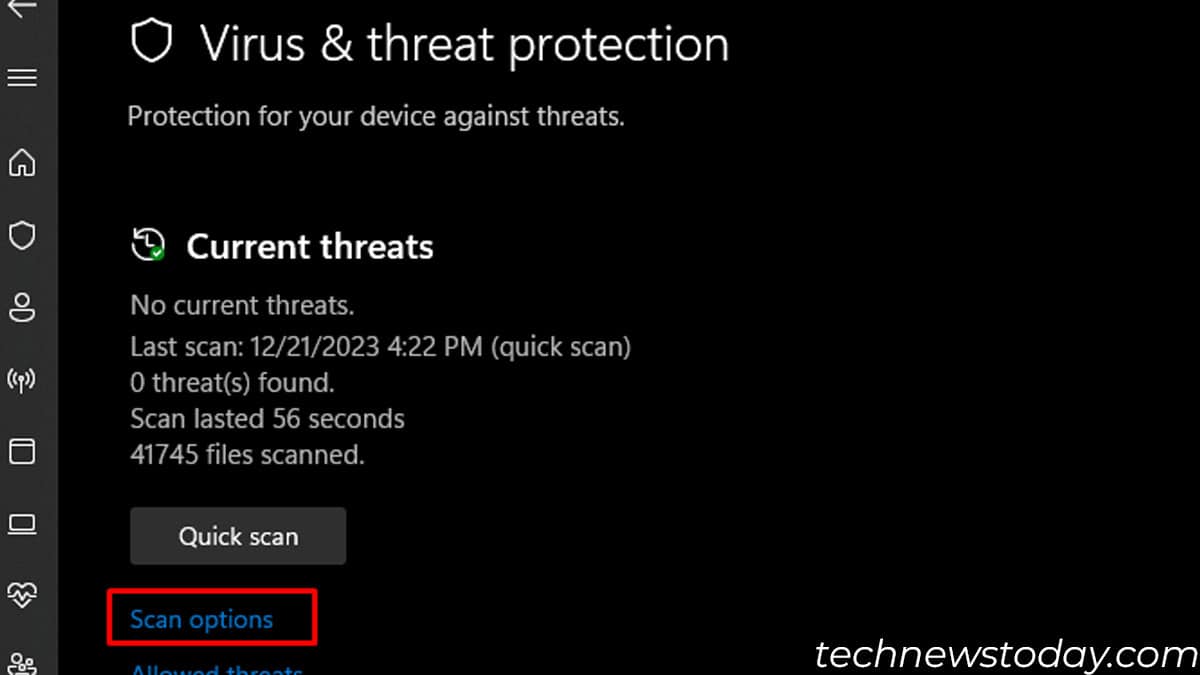 scan option virus and threat protection