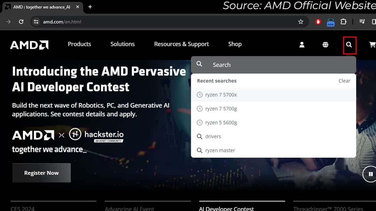 procesador de búsqueda del sitio web oficial de AMD