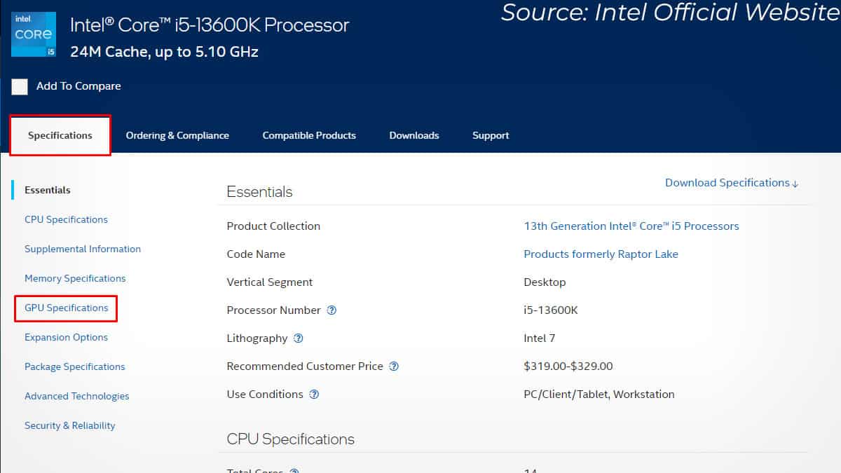 verificación de especificaciones del procesador Intel
